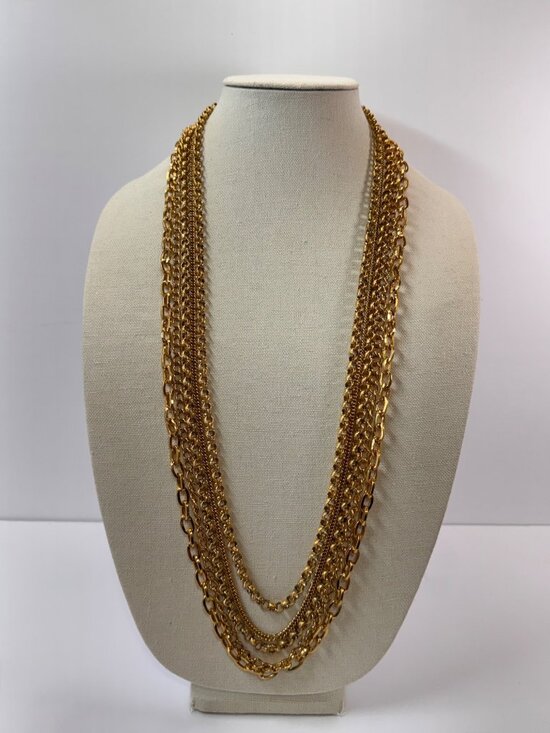 Unsigned Jewelry - Vintage Gold Tone Heavy Multi 5 Strand Chain Necklace Statement Layered Runway
